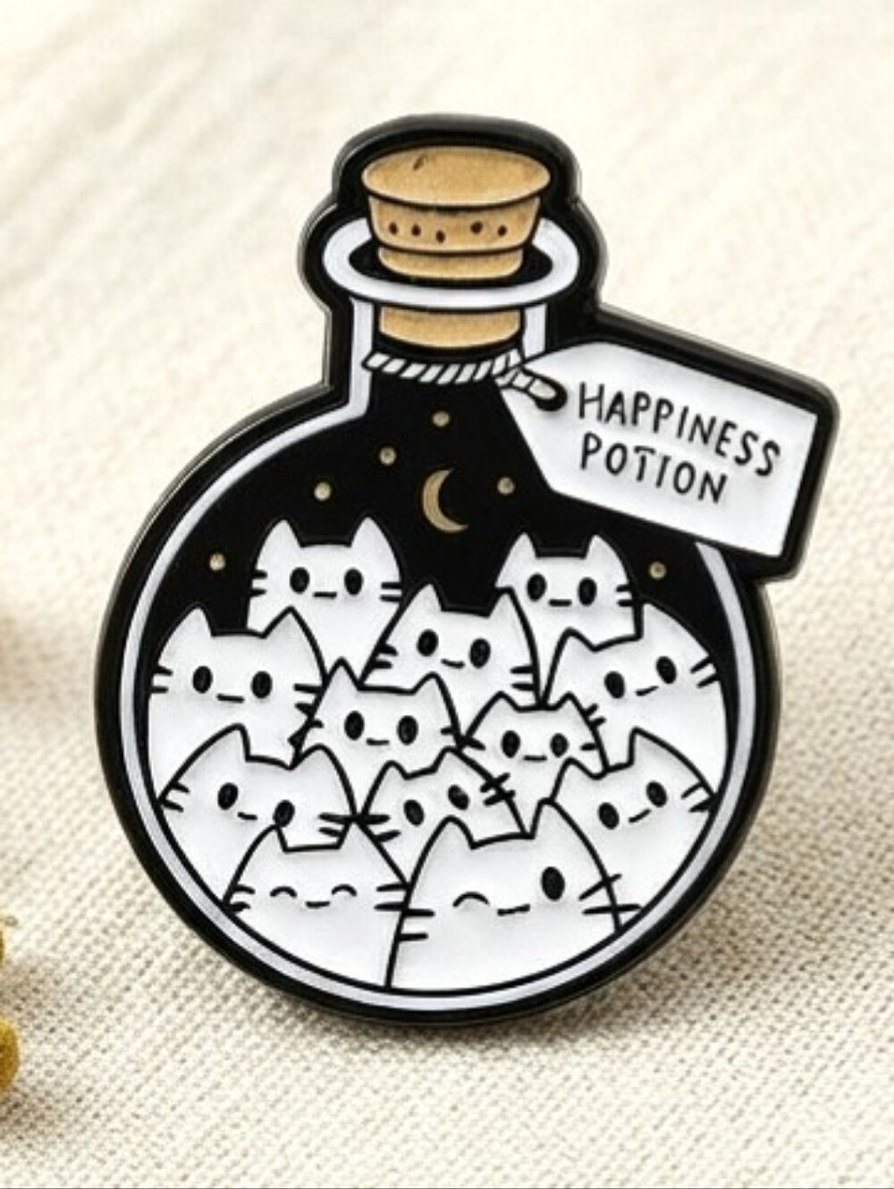 "Happiness Potion" Stacked White Cat Enamel Pin, Cute Magic Bottle Celestial